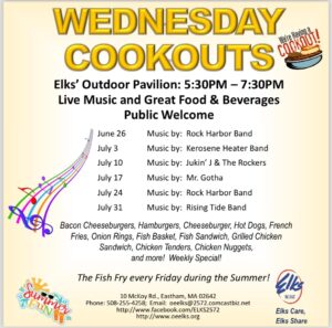 Wednesday Nights Cooksouts & Live Music at Eastham Elks Lodge  2024 